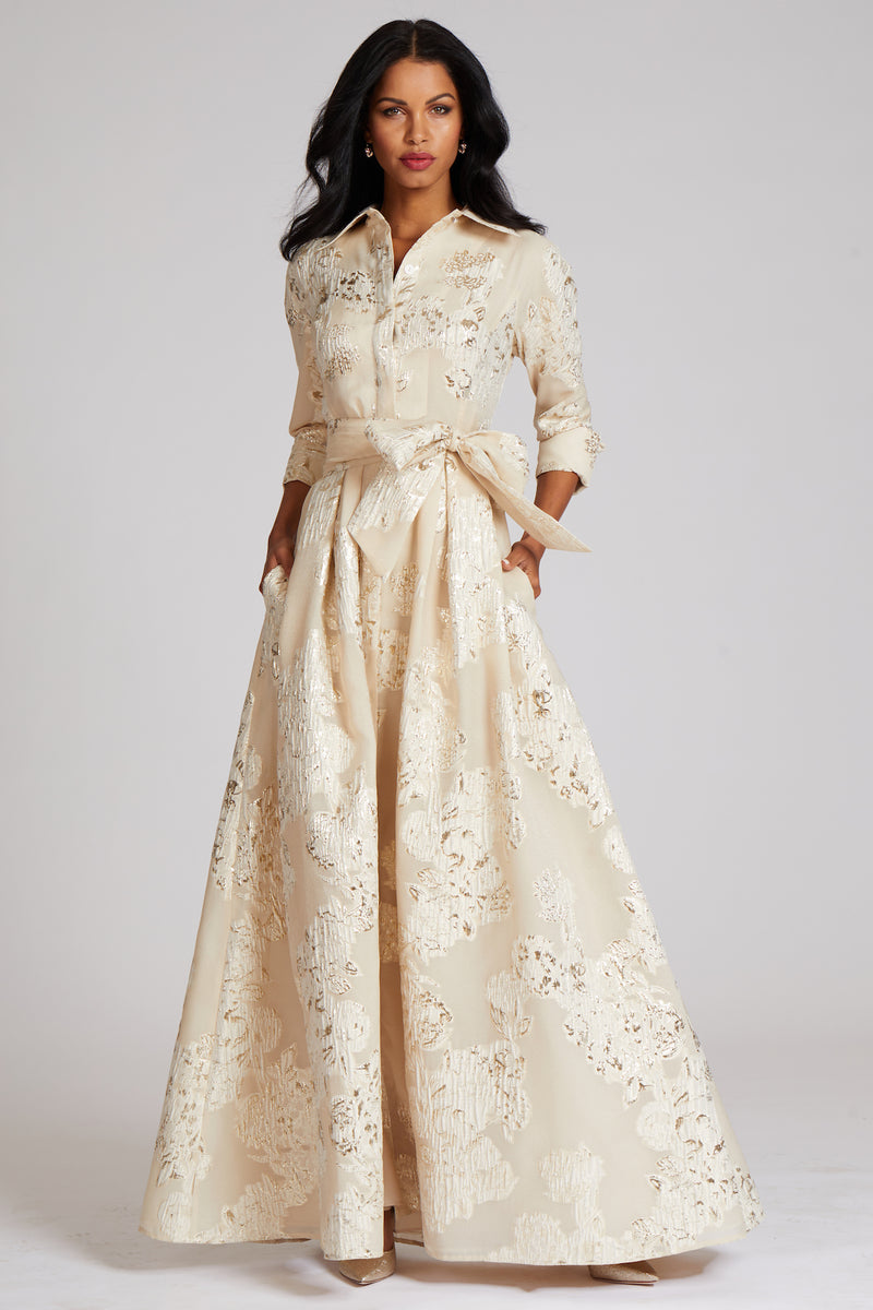 Teri Jon Champagne Jacquard Shirtdress Gown – The Winged