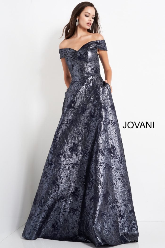 Jovani Metallic Off the Shoulder Gown 03674