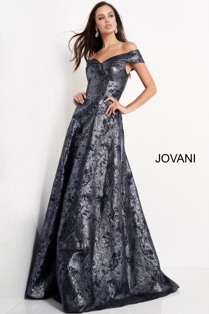 Jovani Metallic Off the Shoulder Gown 03674