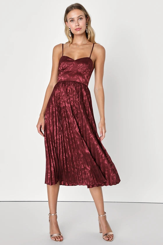 Satin Jacquard Pleated Midi Dress