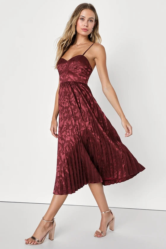 Satin Jacquard Pleated Midi Dress