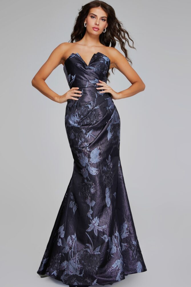 Jovani style 40309 Elegant Grey Multi-Floral Gown with Asymmetrical Detailing