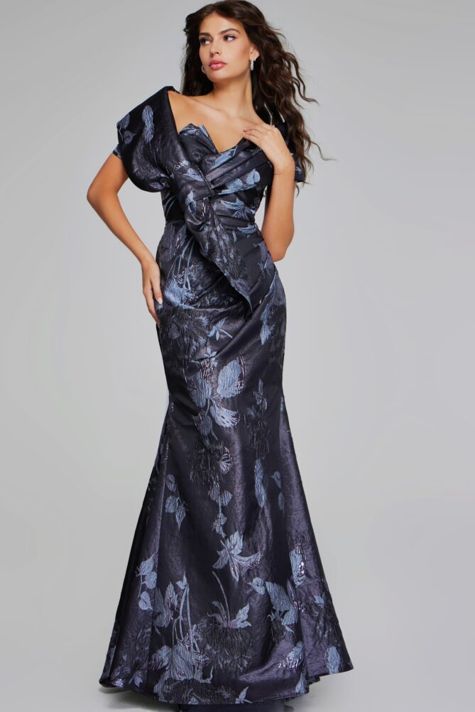 Jovani style 40309 Elegant Grey Multi-Floral Gown with Asymmetrical Detailing