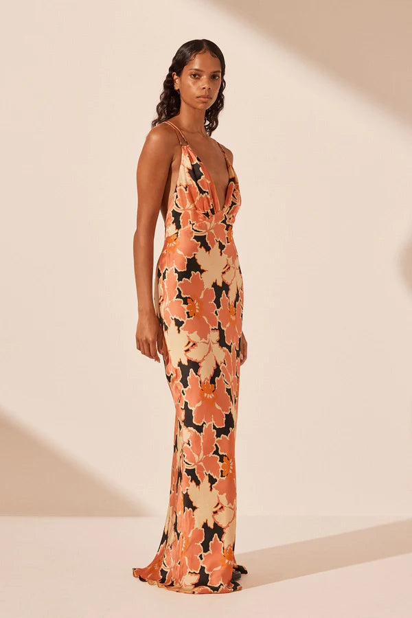 Rosa Silk Plunged Double Strap Maxi Dress