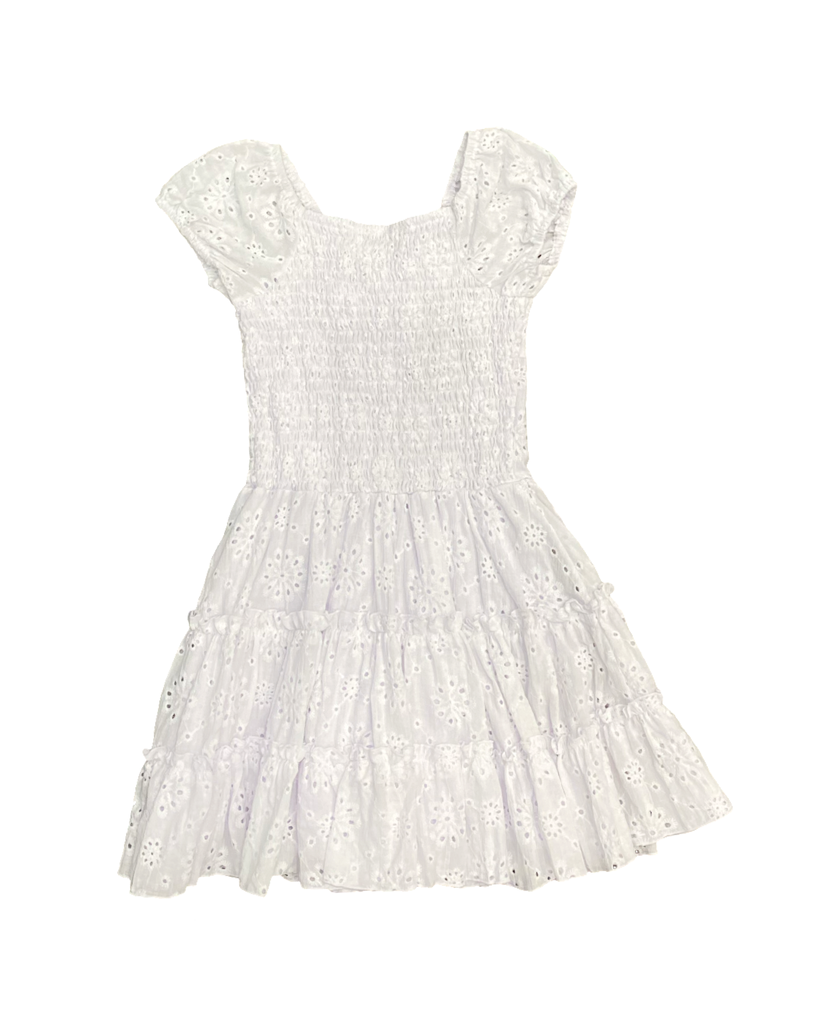 White Eyelet Puff Sleeve A-Line Ruffle Dress