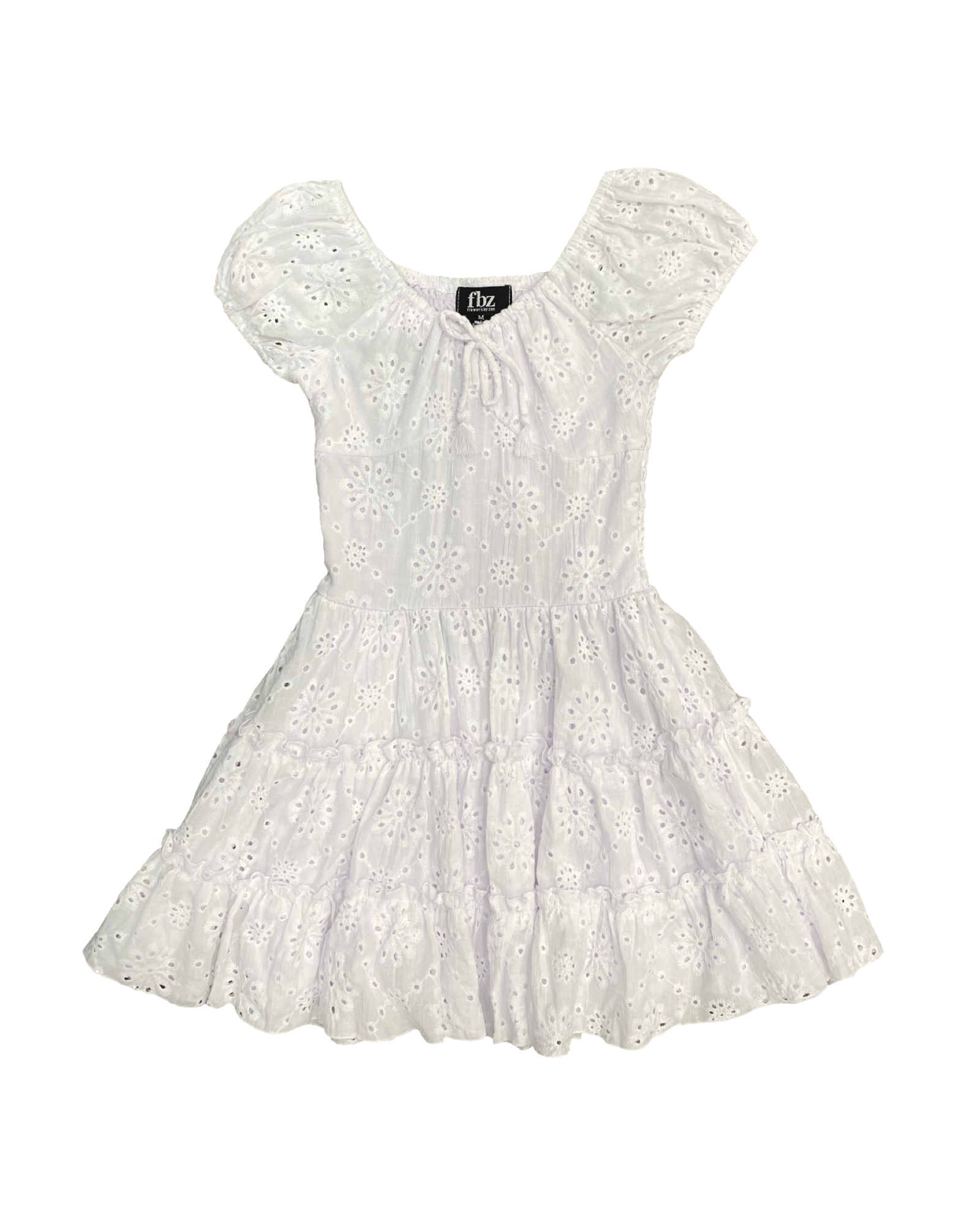 White Eyelet Puff Sleeve A-Line Ruffle Dress