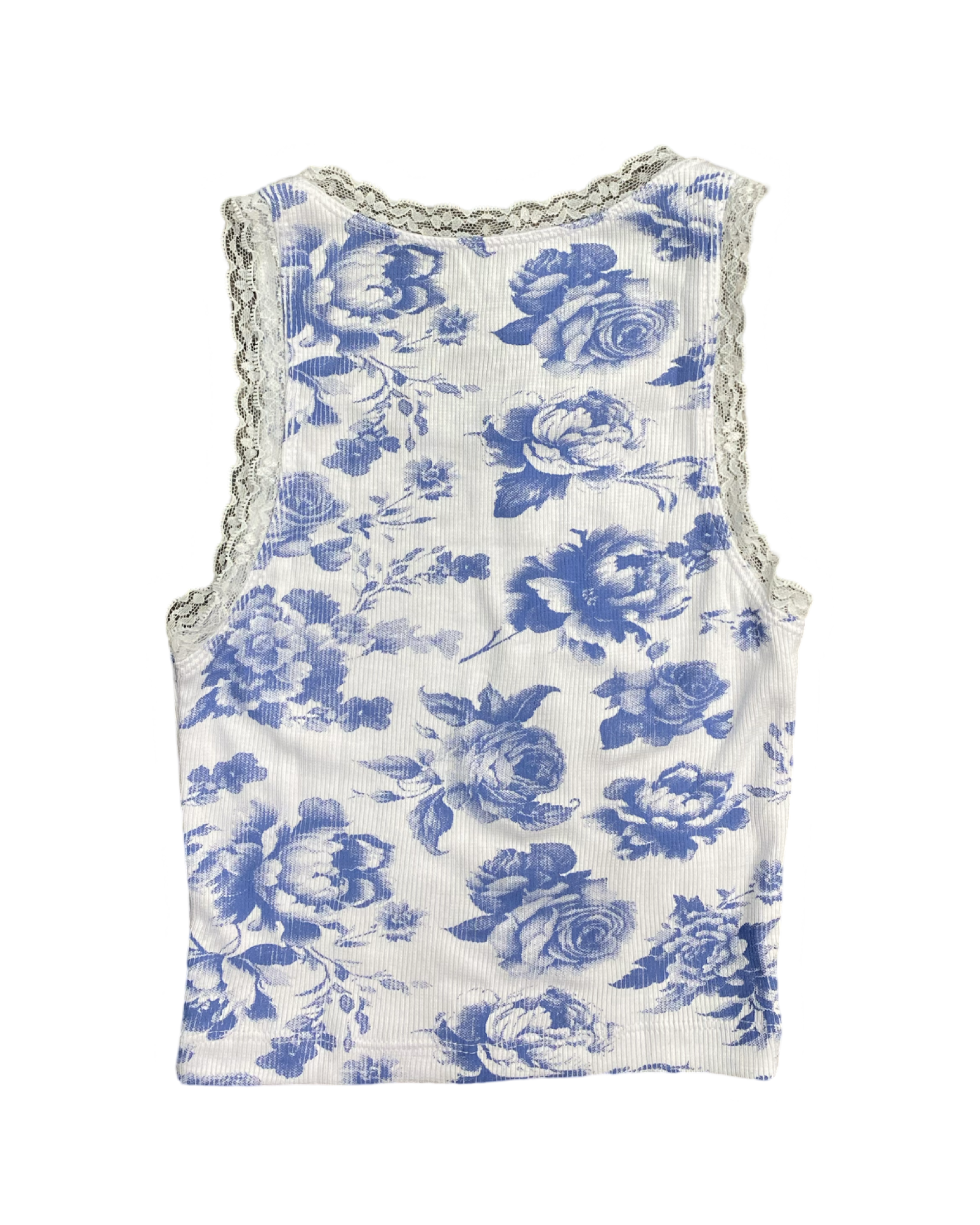 Blue Toile with Lace Trim Ribbed Tank