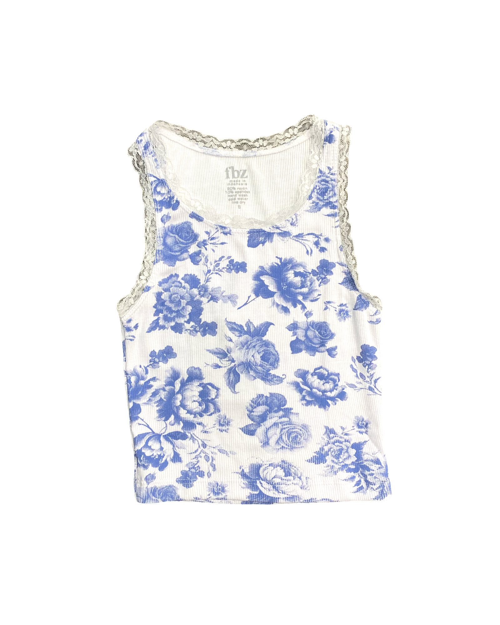 Blue Toile with Lace Trim Ribbed Tank