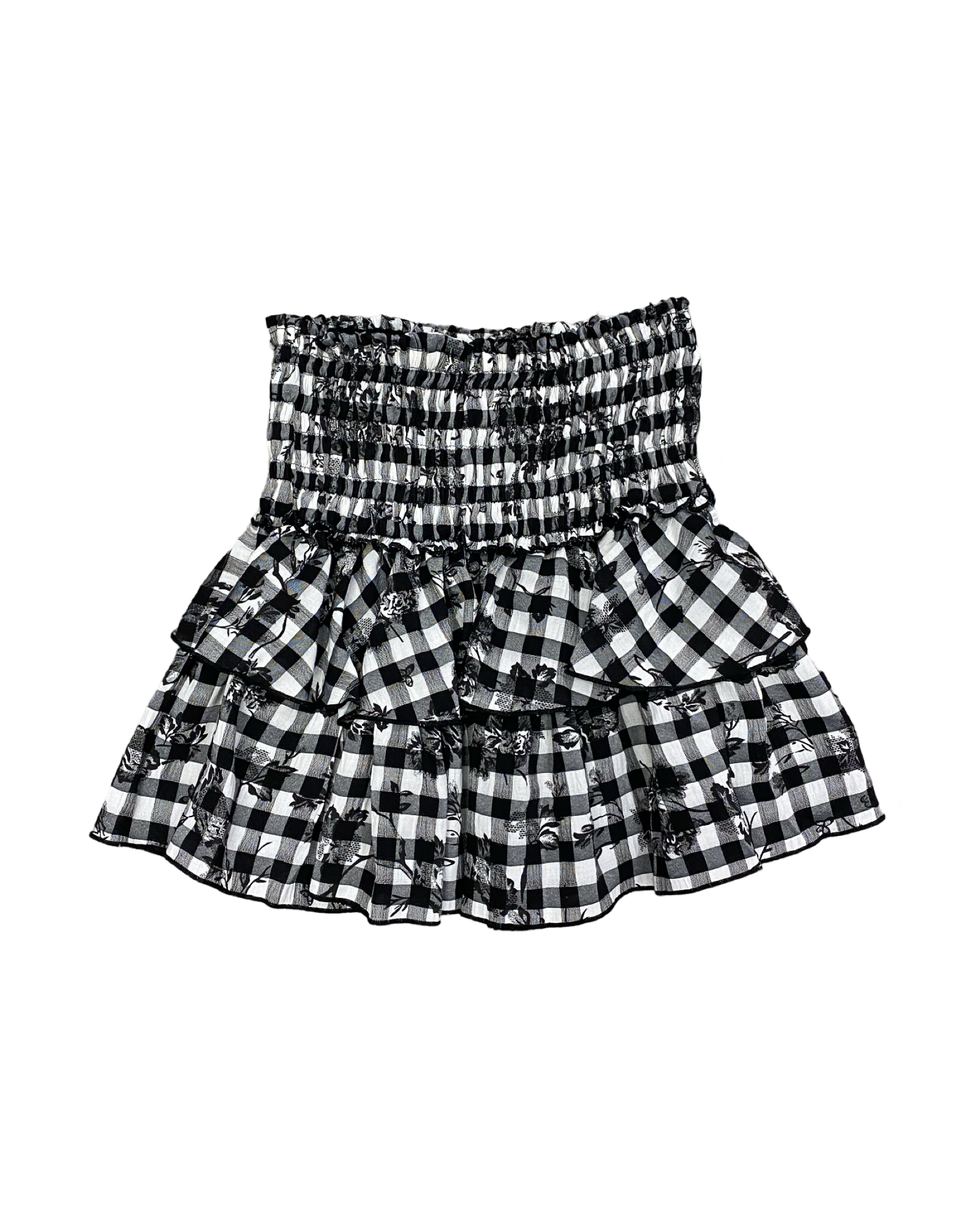 Black and White Floral Gingham Ruffle Skirt