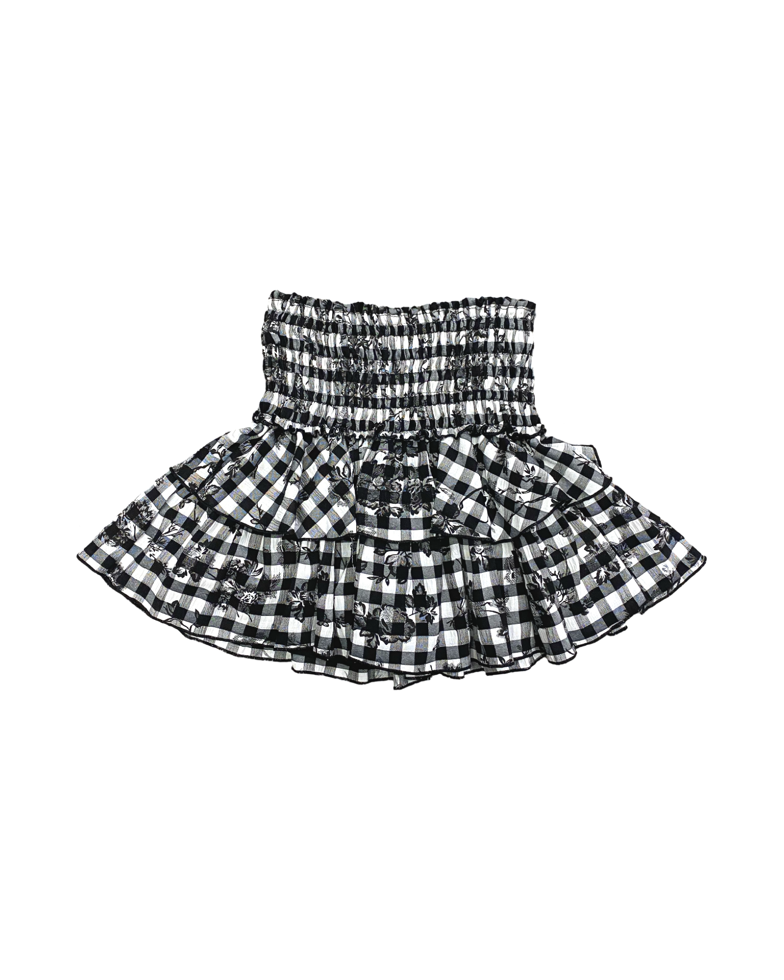 Black and White Floral Gingham Ruffle Skirt