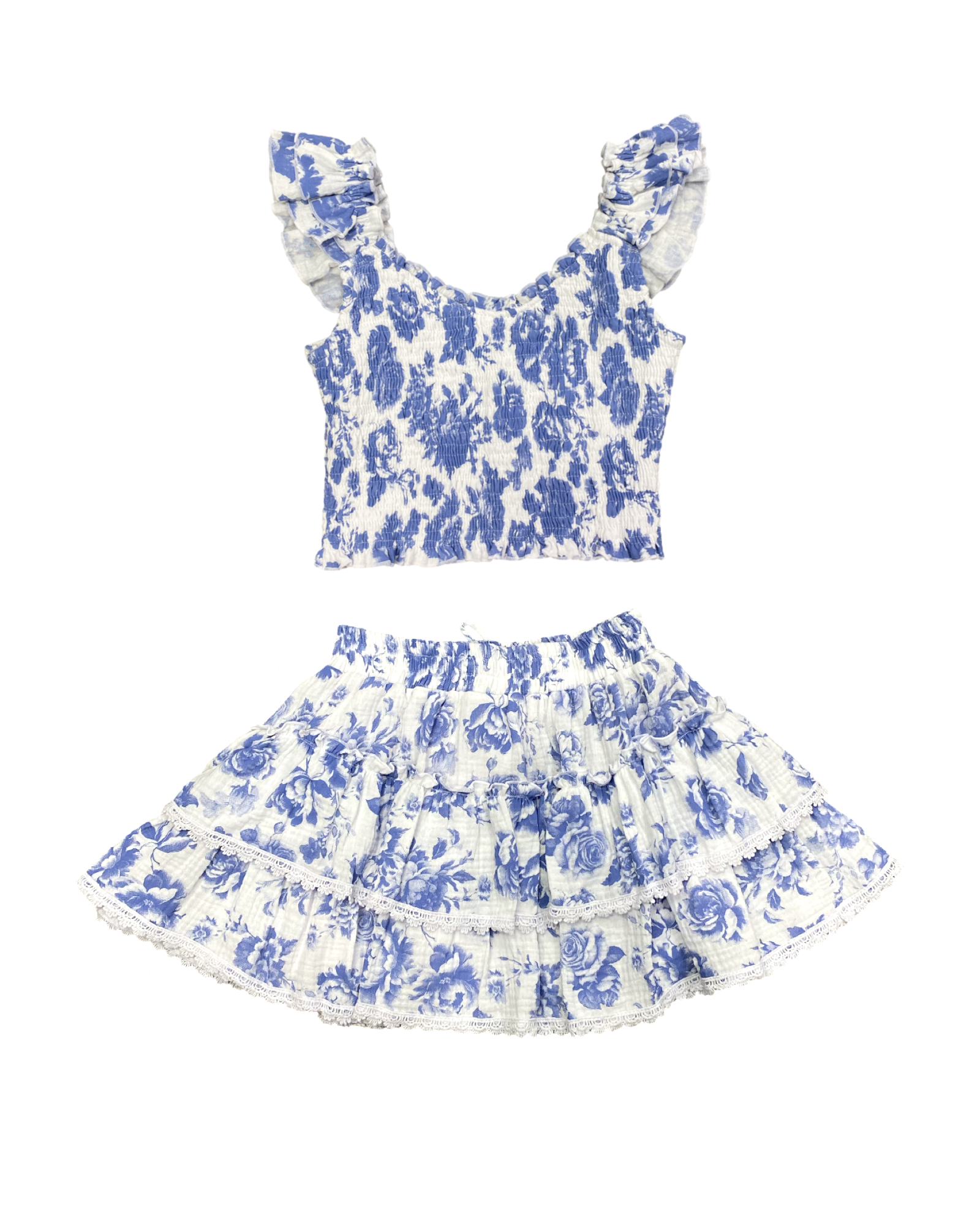 Blue Toile Gauze Ruffle Skirt