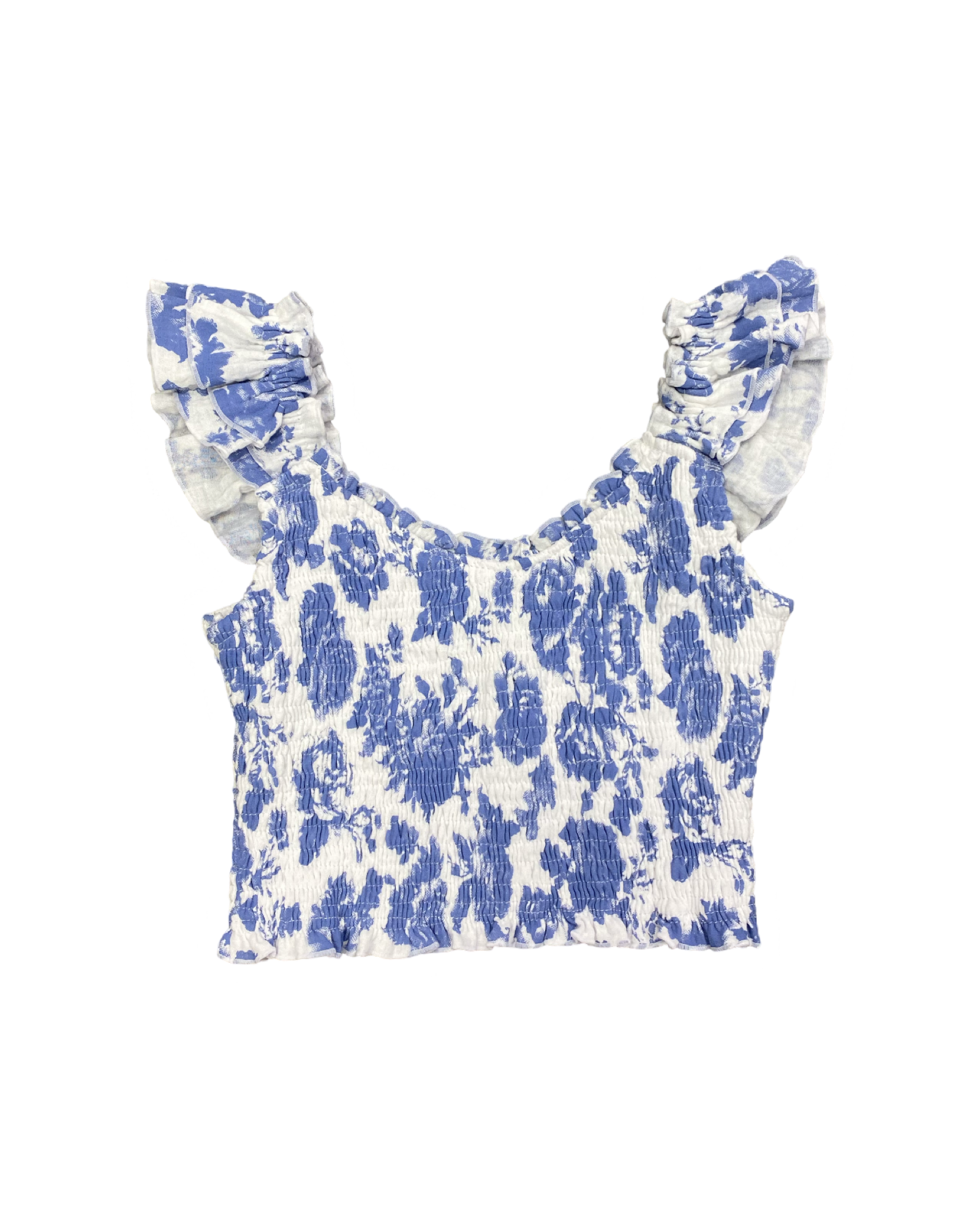 Blue Toile Smocked Ruffle Strap Tank