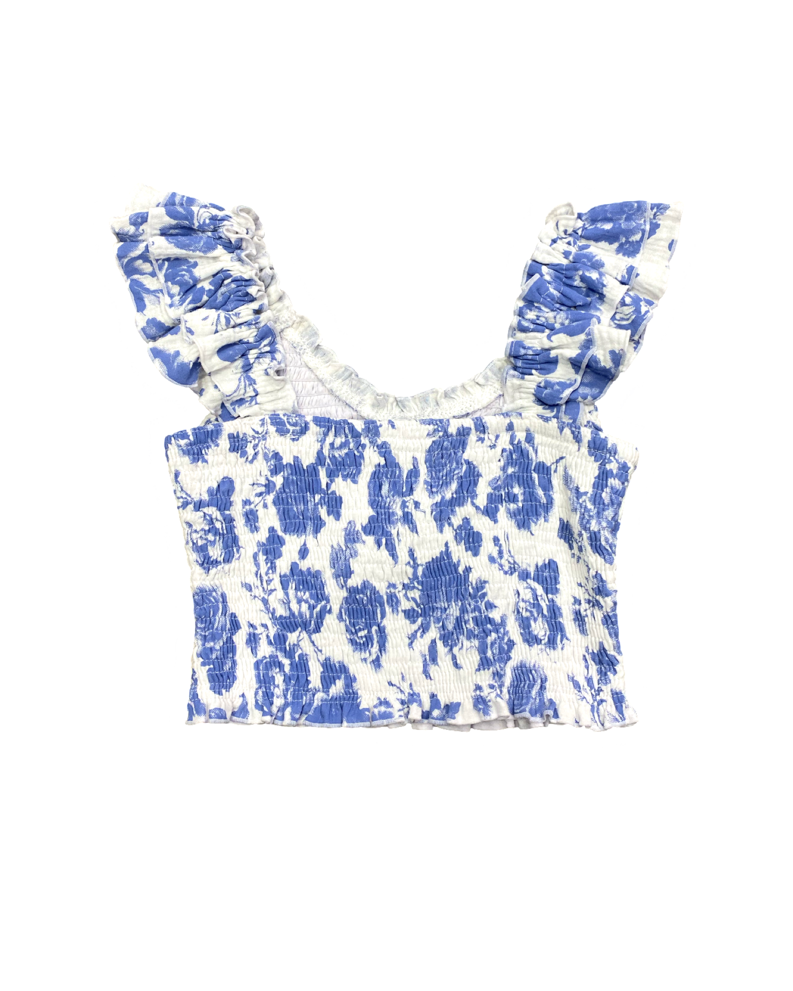 Blue Toile Smocked Ruffle Strap Tank