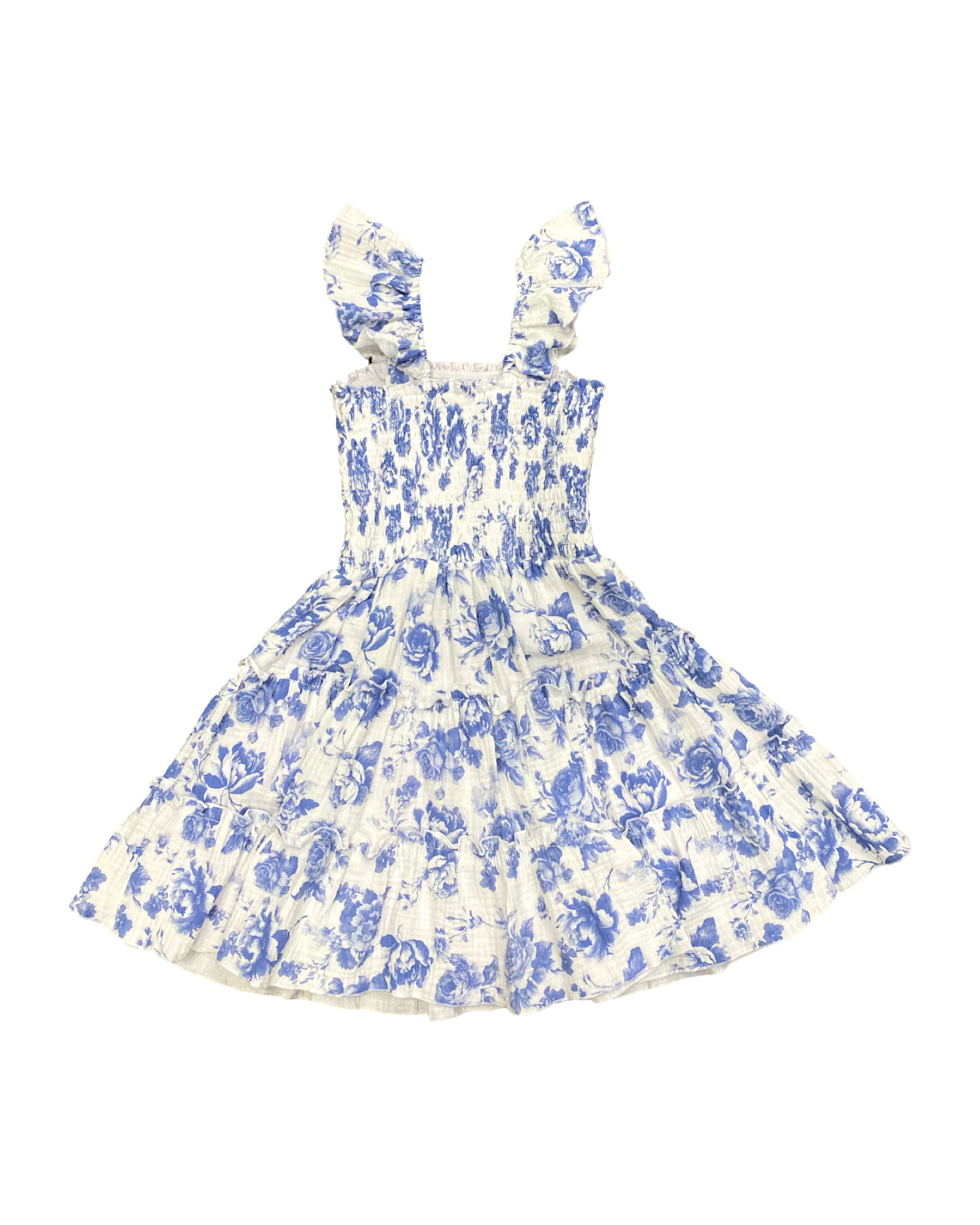 Blue Toile Smocked Body Ruffle Tiered Dress