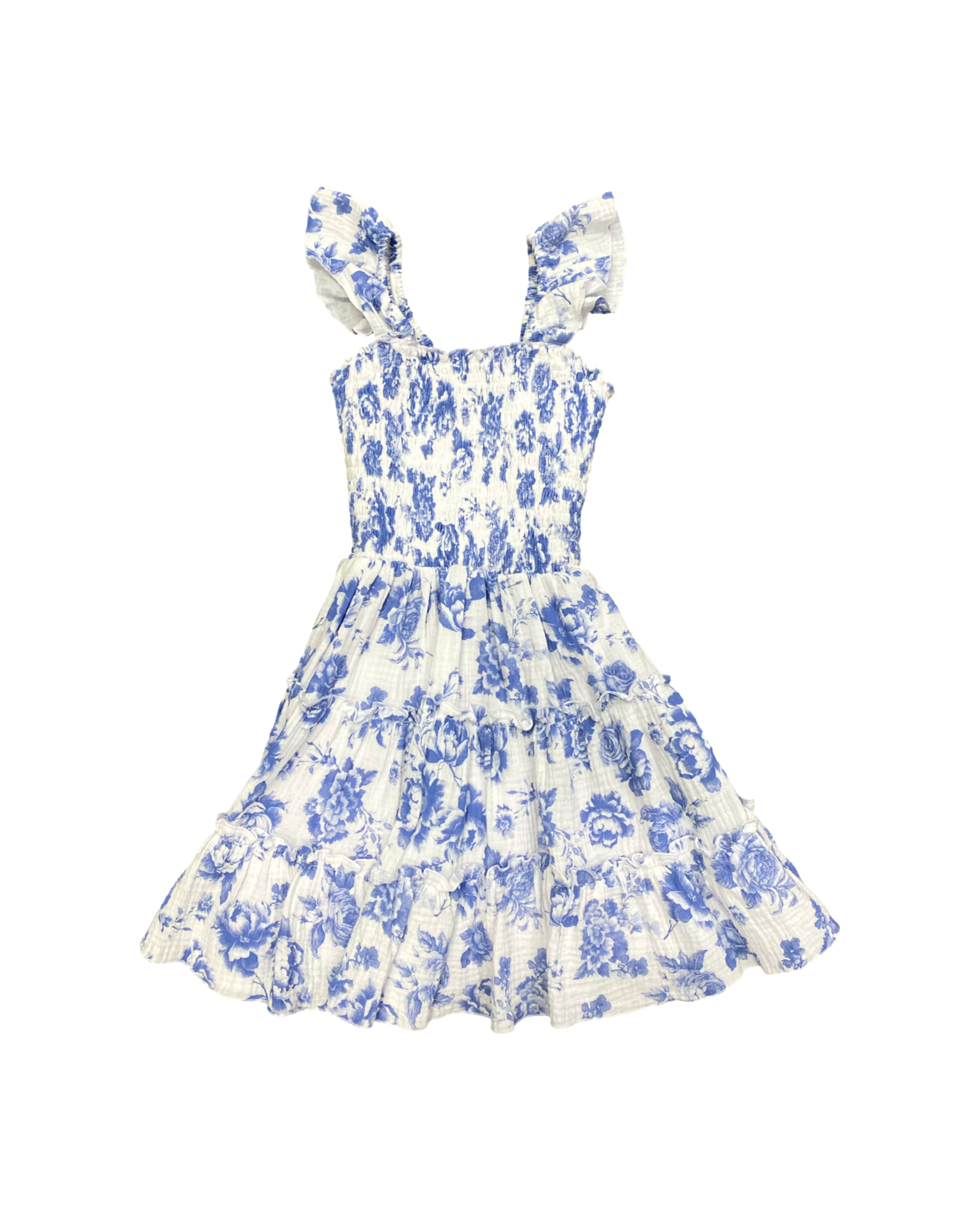 Blue Toile Smocked Body Ruffle Tiered Dress