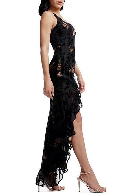 Charlene Mixed Velvet Square Neck Ruffle Gown