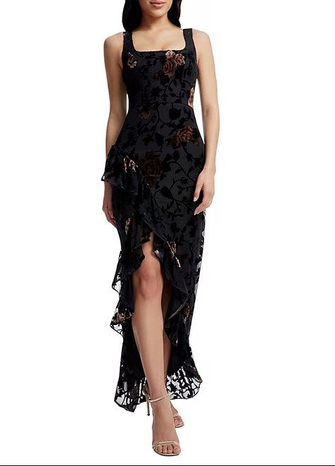 Charlene Mixed Velvet Square Neck Ruffle Gown