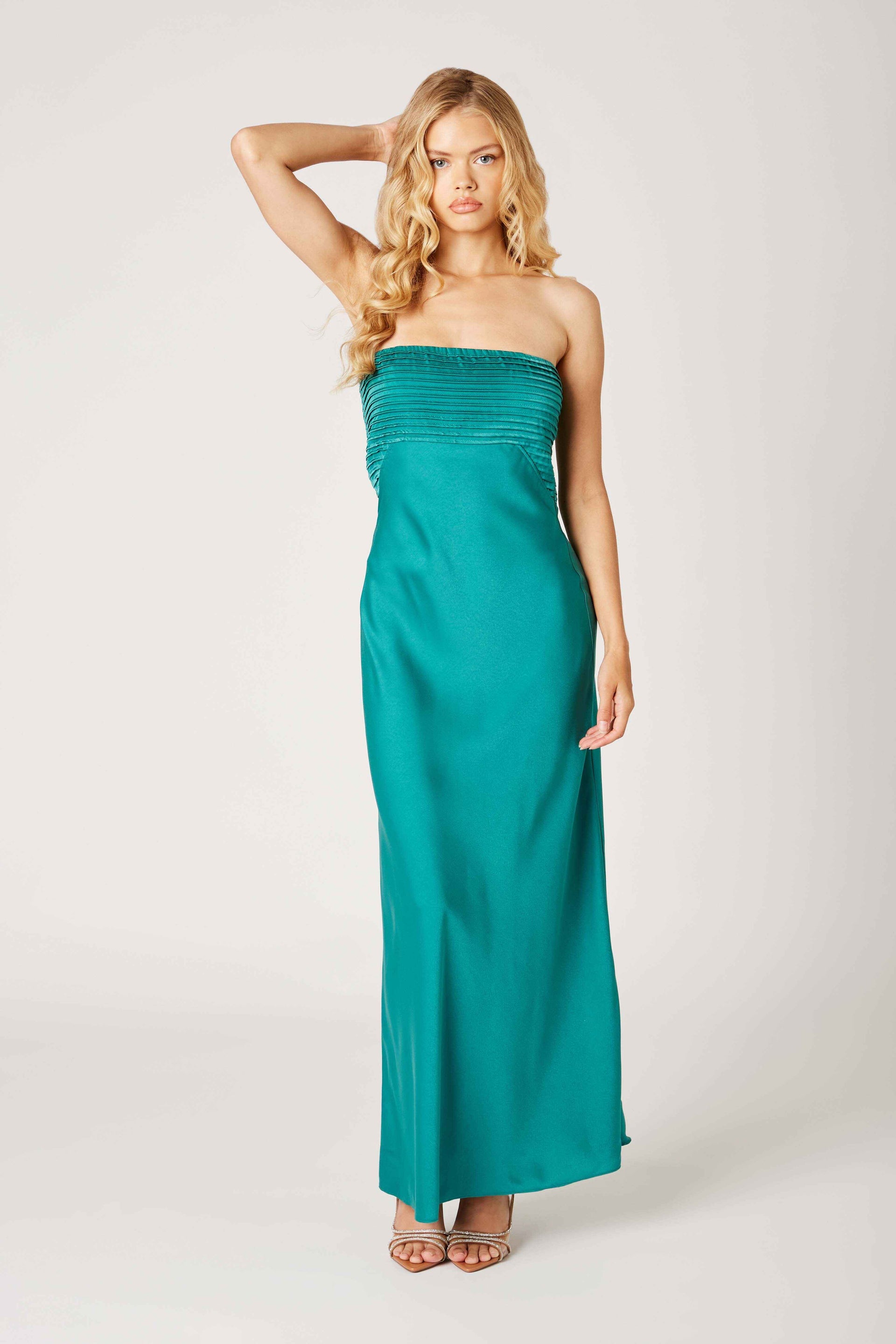 Strapless Pleated Bodice Slip Maxi Dress