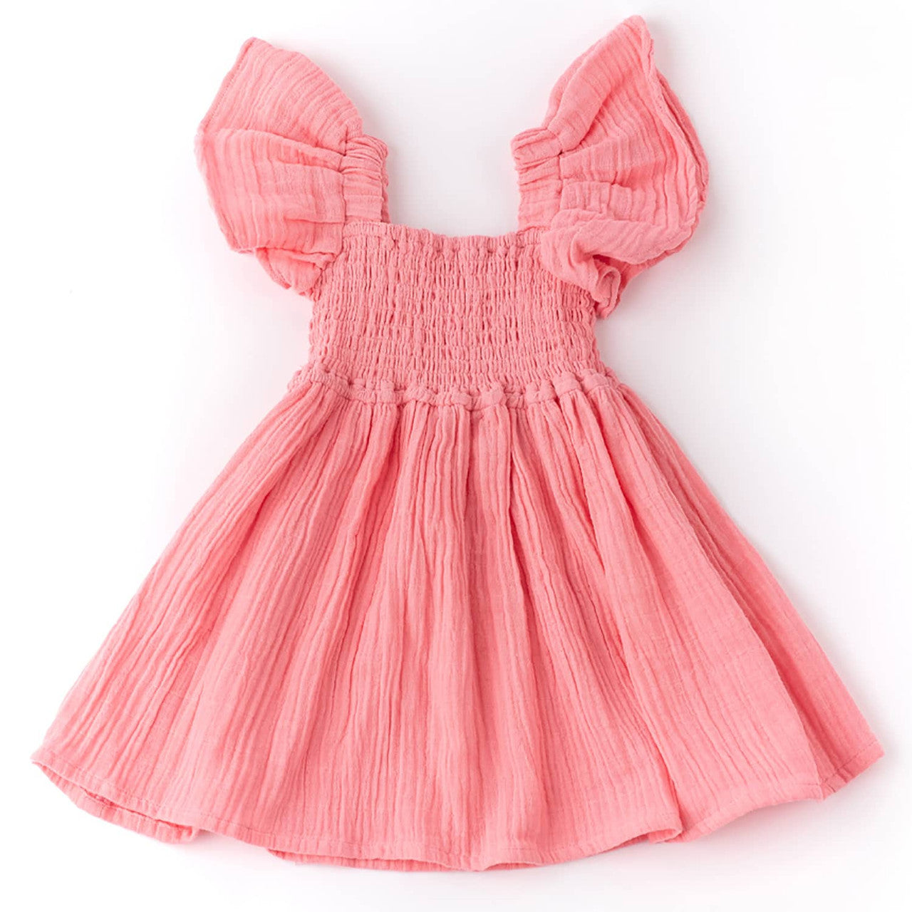 Coral Gauze Smocked Flutter Sleeve Dress