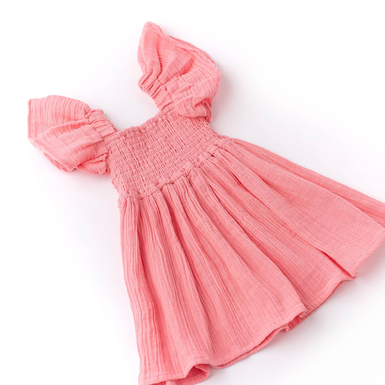 Coral Gauze Smocked Flutter Sleeve Dress