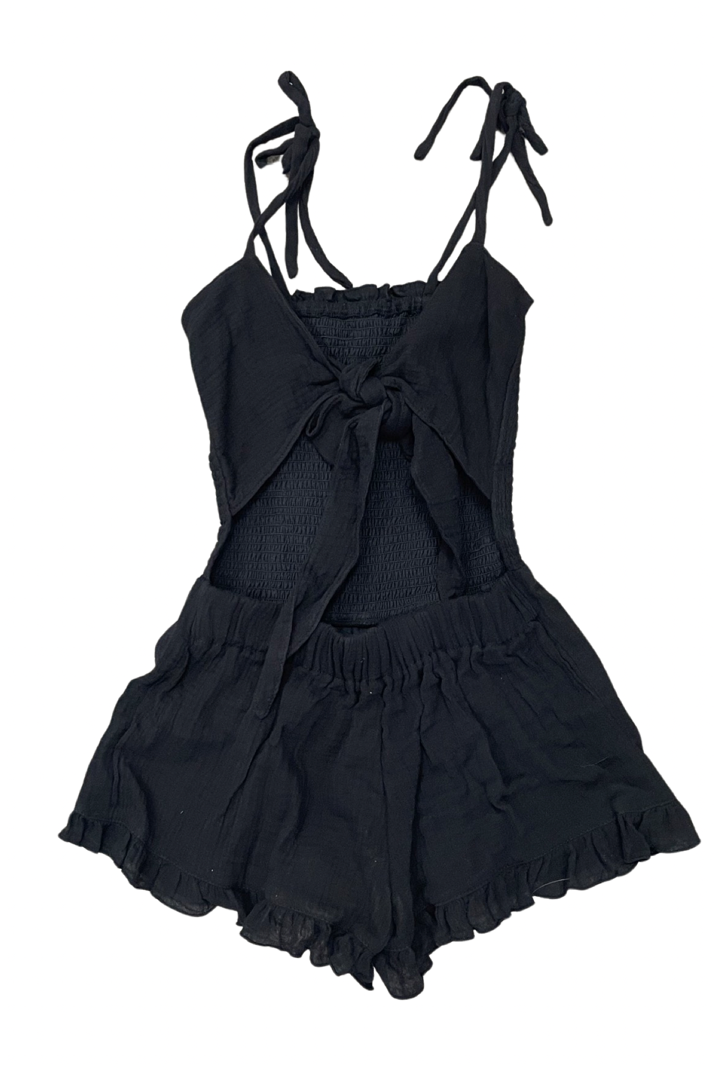 Black Gauze Smocked Tie Back Romper