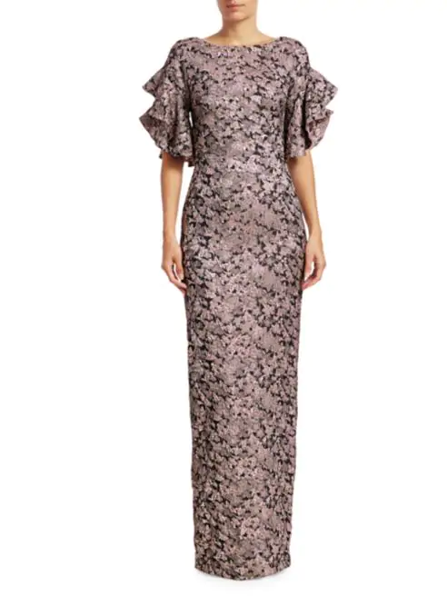 Theia dusty rose brocade ruffle gown