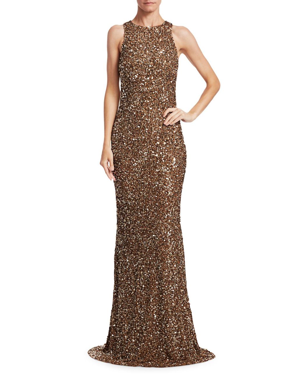 Theia dark gold crunchy sequin gown