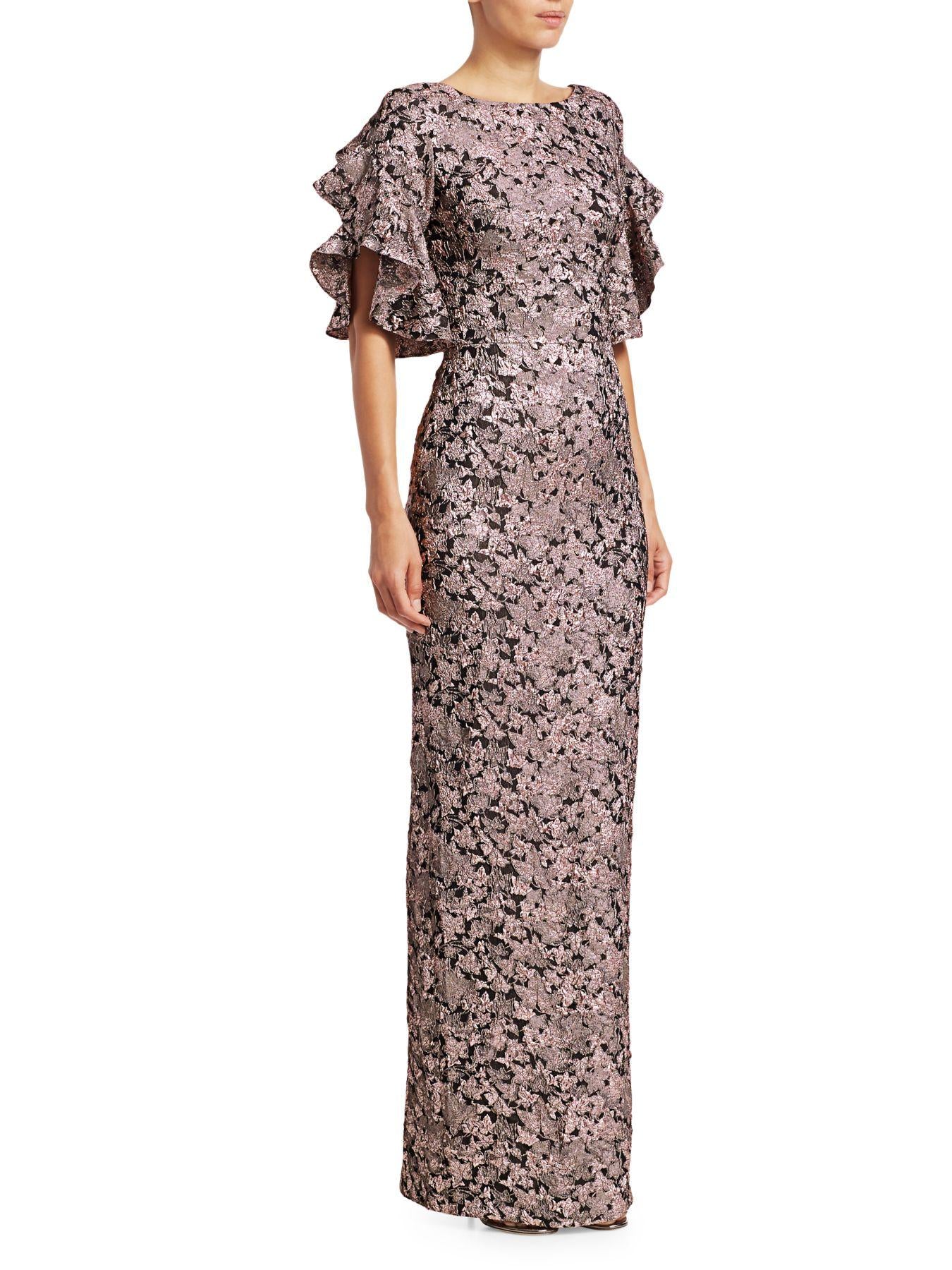 Theia dusty rose brocade ruffle gown